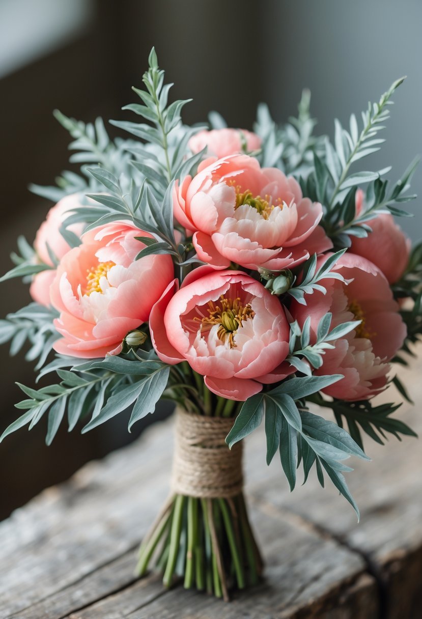 A small bouquet of coral peonies and dusty miller leaves resting on a wooden surface.