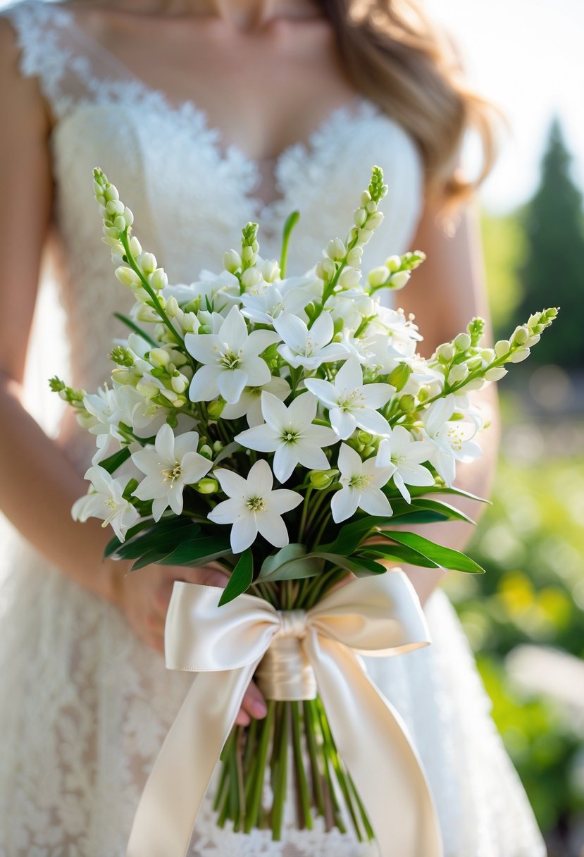 A small wedding bouquet of white Stephanotis flowers and jasmine tips held by a bride in a white dress.