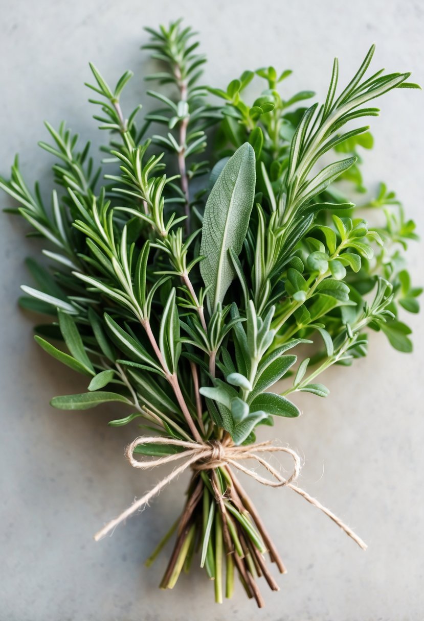 A small bouquet of fresh rosemary and sage herbs tied together resting on a neutral surface.