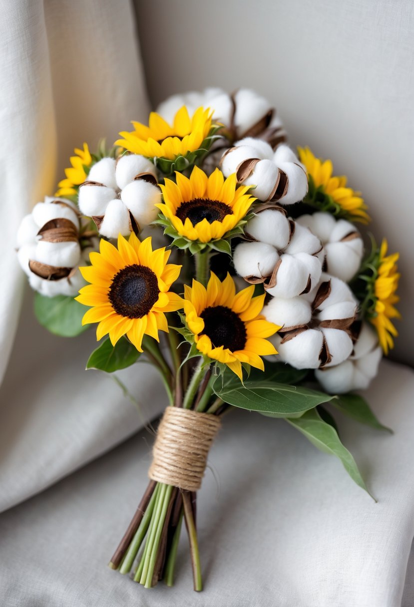 A small wedding bouquet made of mini sunflowers and cotton stems tied together, placed on a plain background.