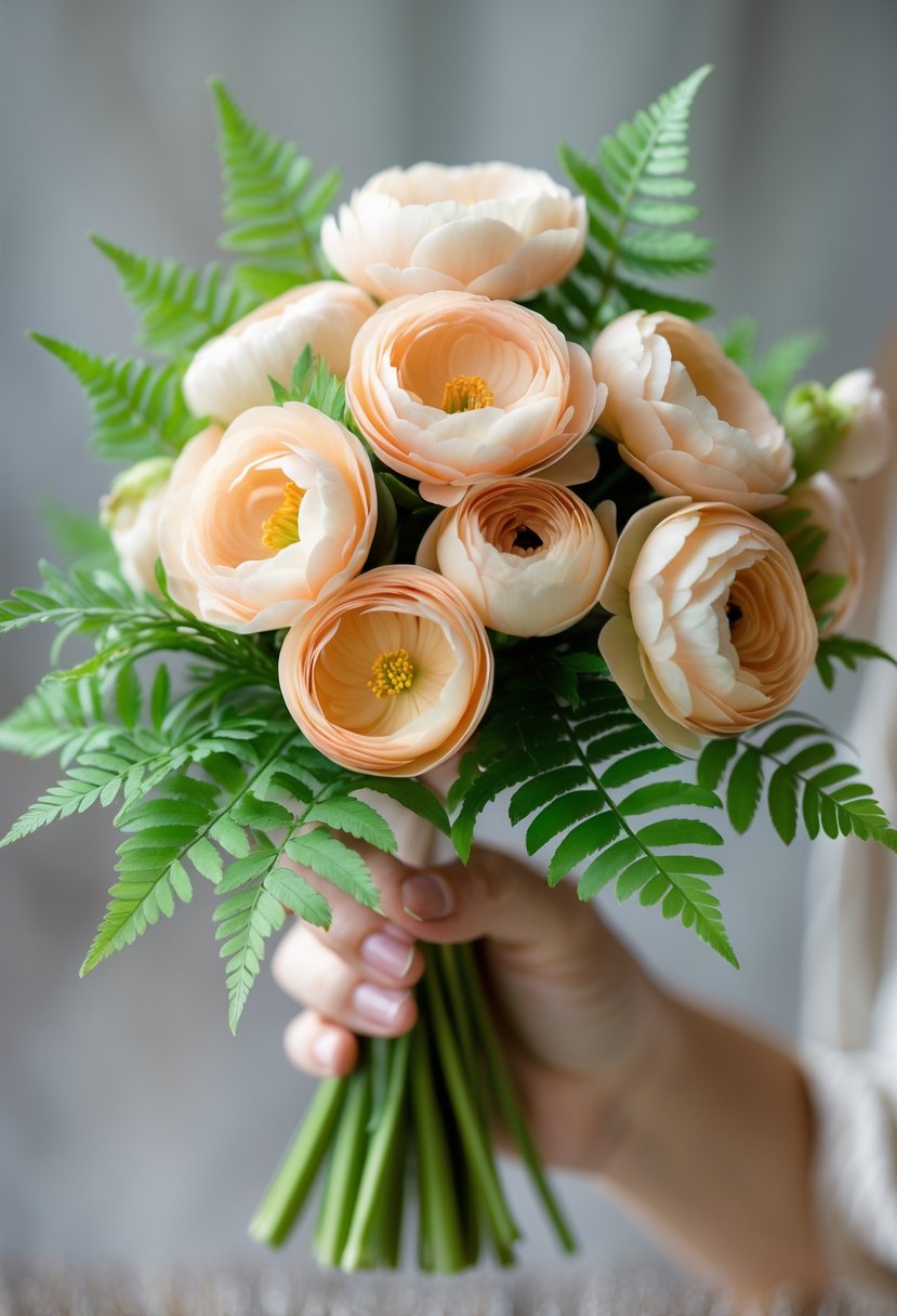 A small wedding bouquet with peach ranunculus flowers and green fern leaves held against a blurred background.