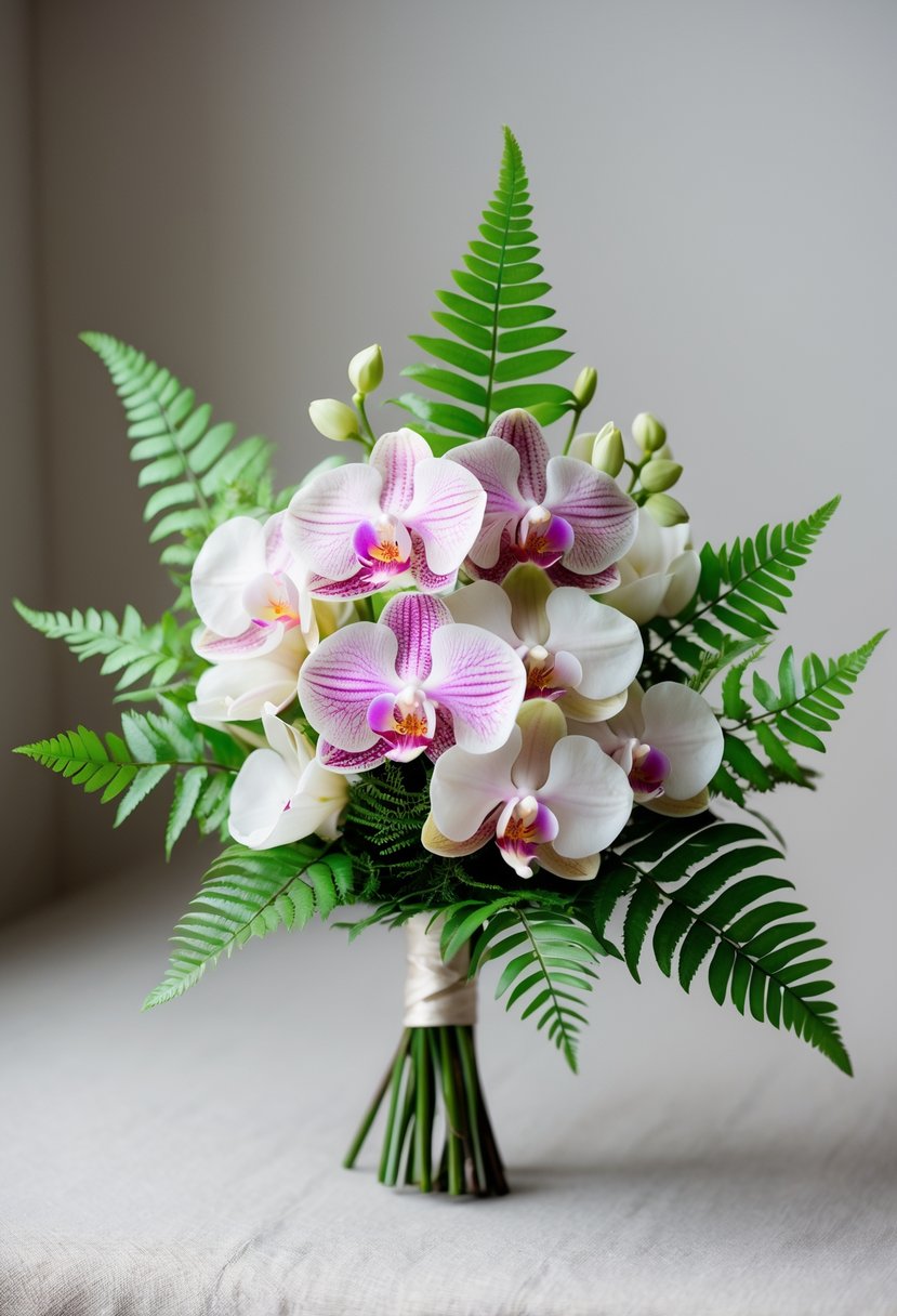 A small wedding bouquet featuring pink and white orchids with green fern leaves on a neutral background.