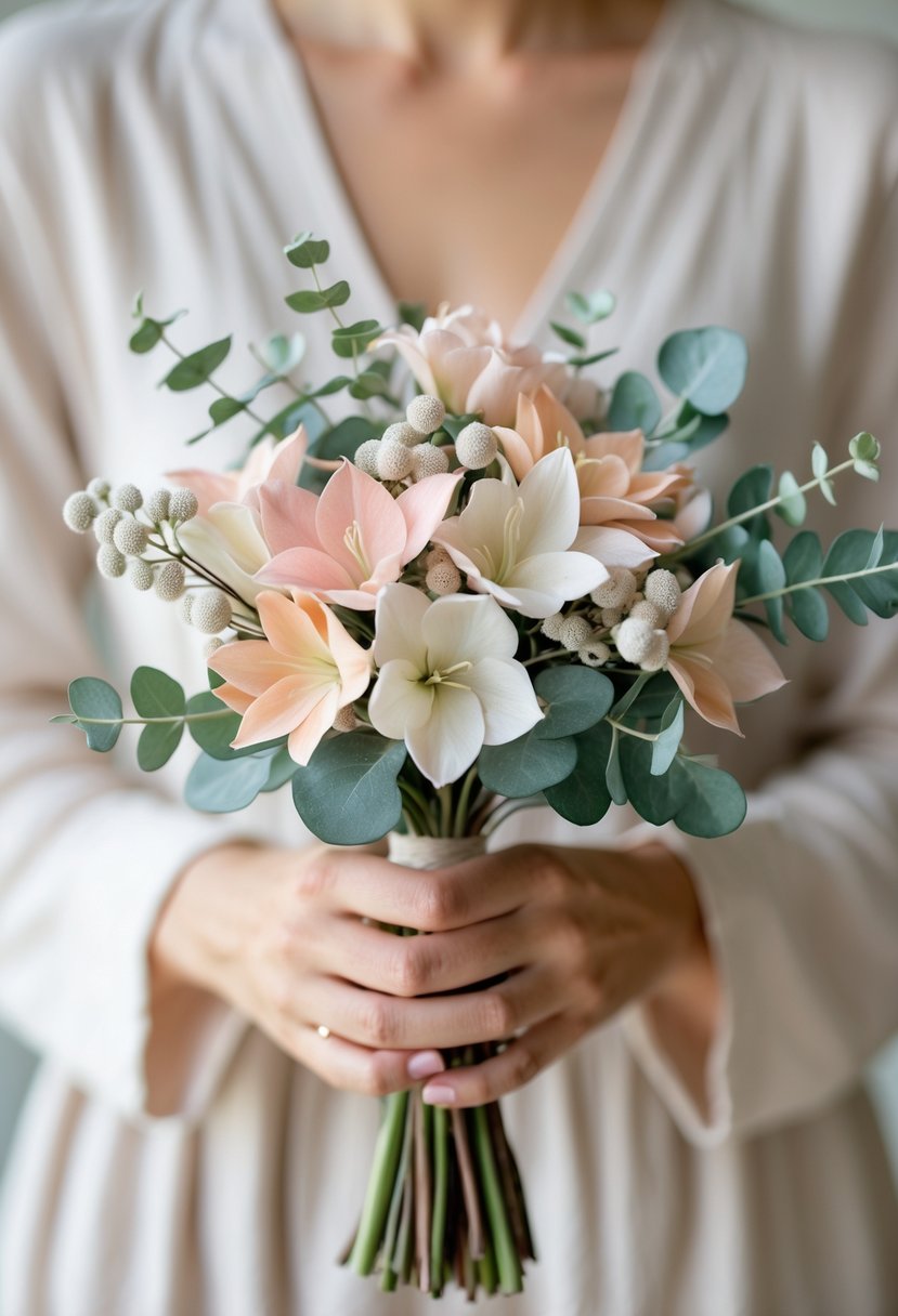 A small wedding bouquet of Alstroemeria flowers and seeded eucalyptus leaves held against a neutral background.