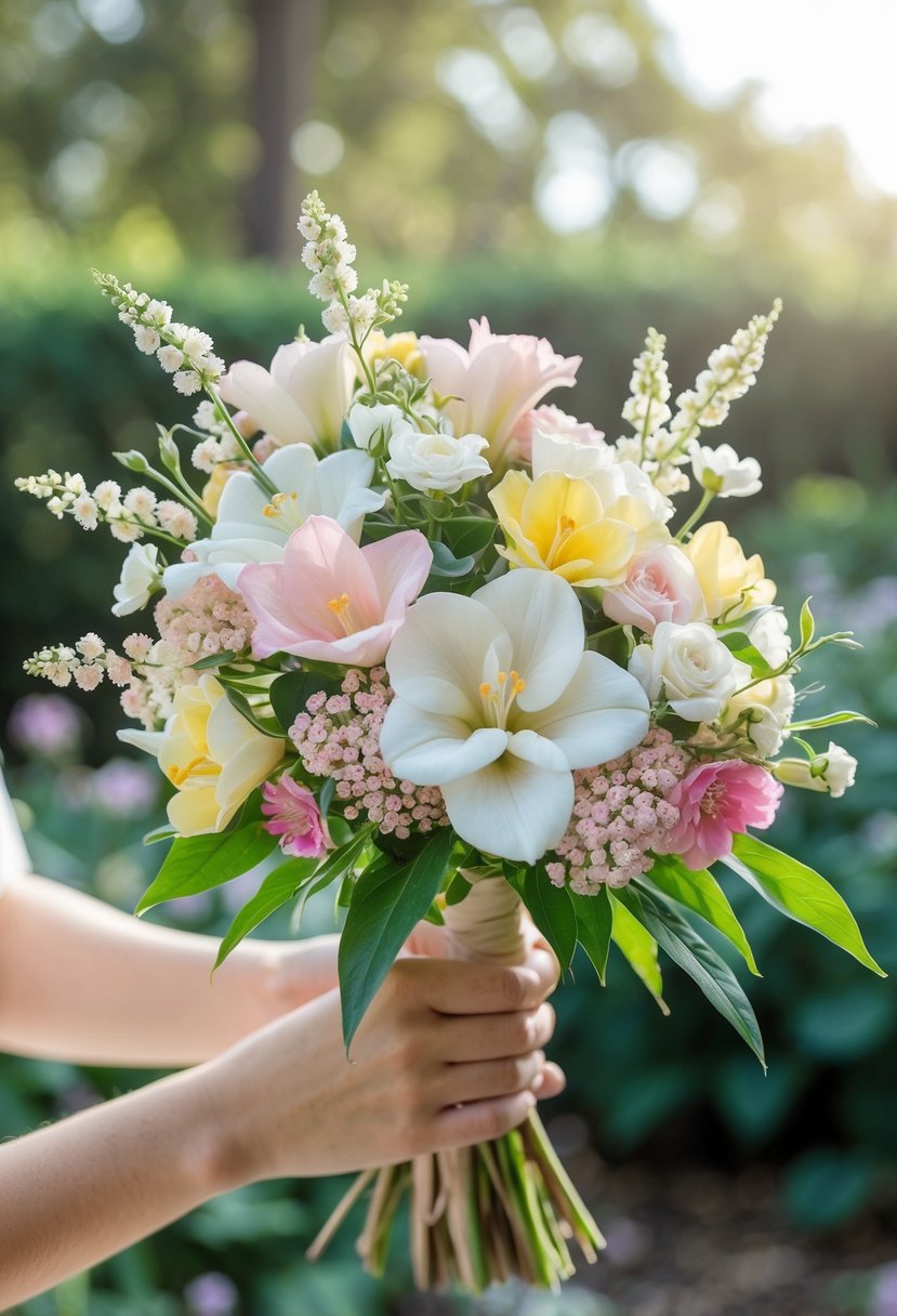 A small wedding bouquet made of pastel freesia and wax flowers held by hands with a blurred garden background.