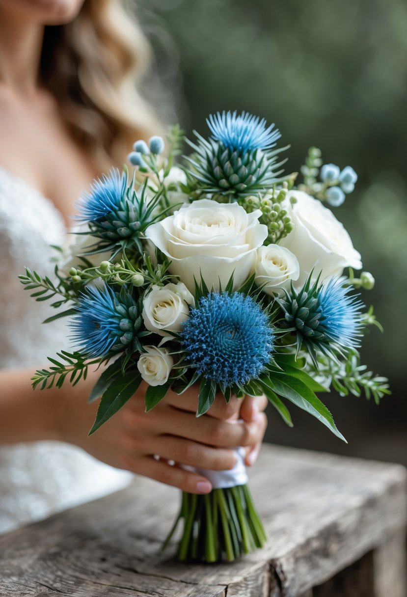 A small wedding bouquet with blue thistle flowers, white blooms, and greenery on a wooden surface.