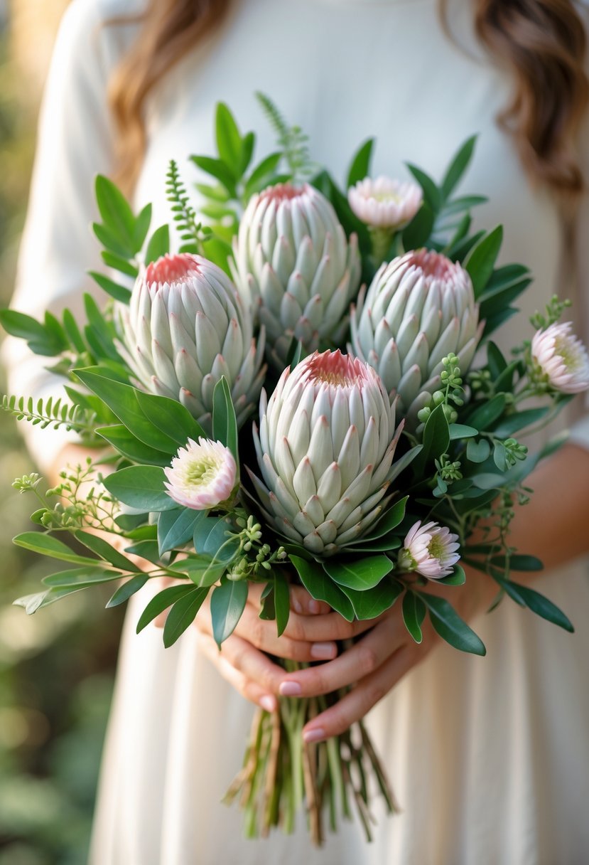 A small wedding bouquet with pink and white mini protea flowers and green leaves arranged together.