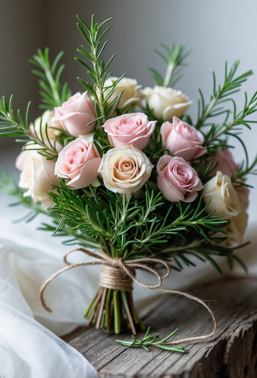 A small wedding bouquet made of tiny garden roses and rosemary sprigs resting on a wooden surface.
