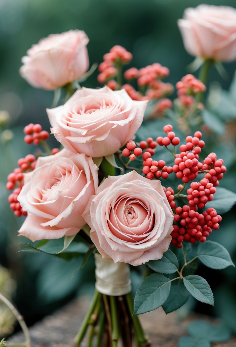 A small bouquet of blush garden roses and hypericum berries against a blurred natural background.