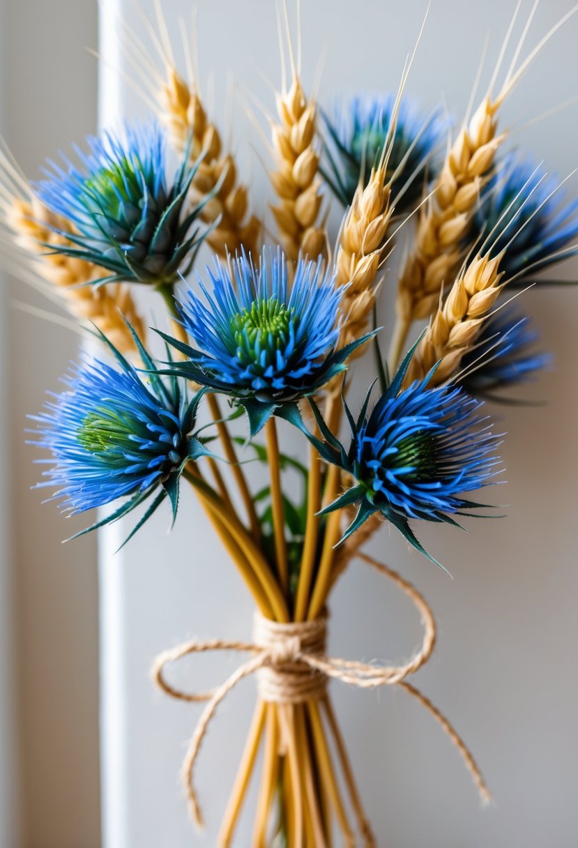 A small bouquet of blue thistle and golden wheat stalks tied together with twine.