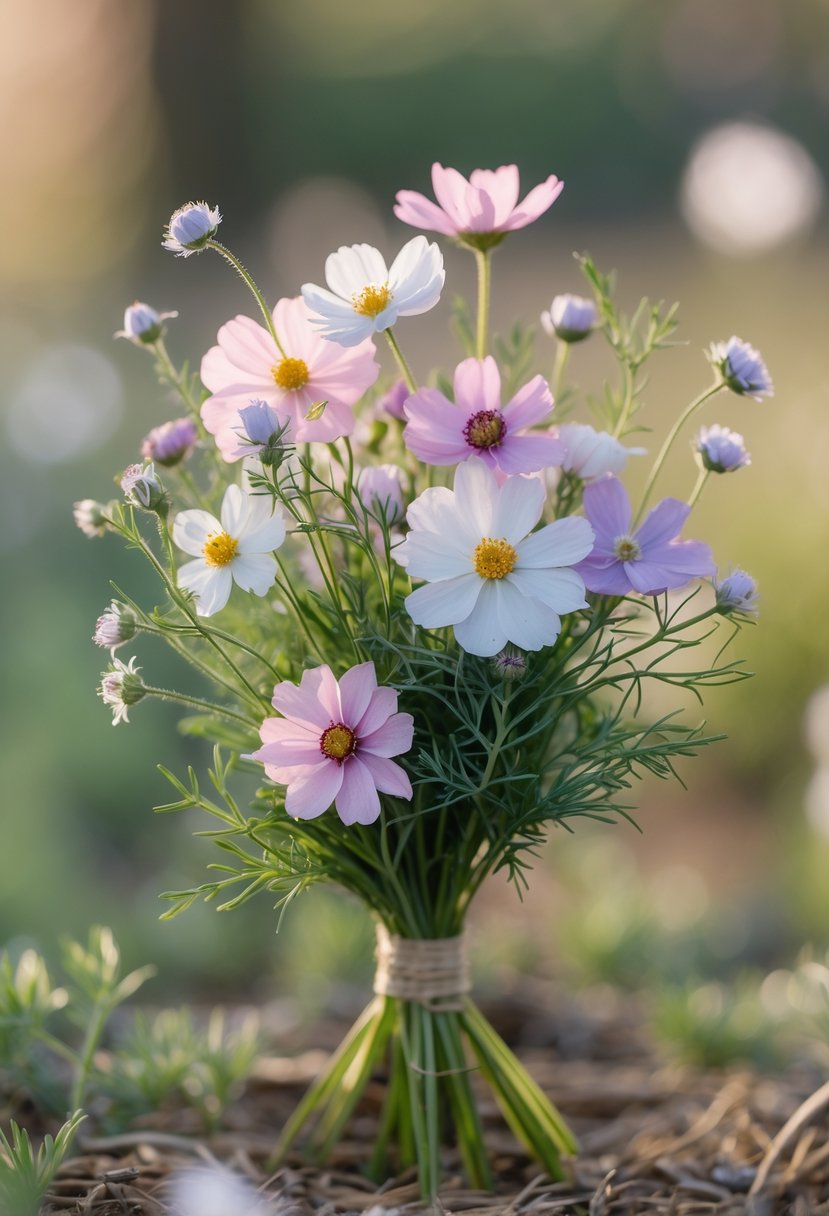 A small bouquet of cosmos and scabiosa flowers with green stems and leaves.