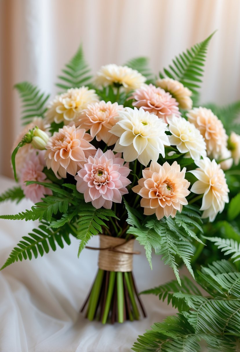 A small wedding bouquet with mini dahlias in soft pastel colors and green fern leaves, tied together with a ribbon.