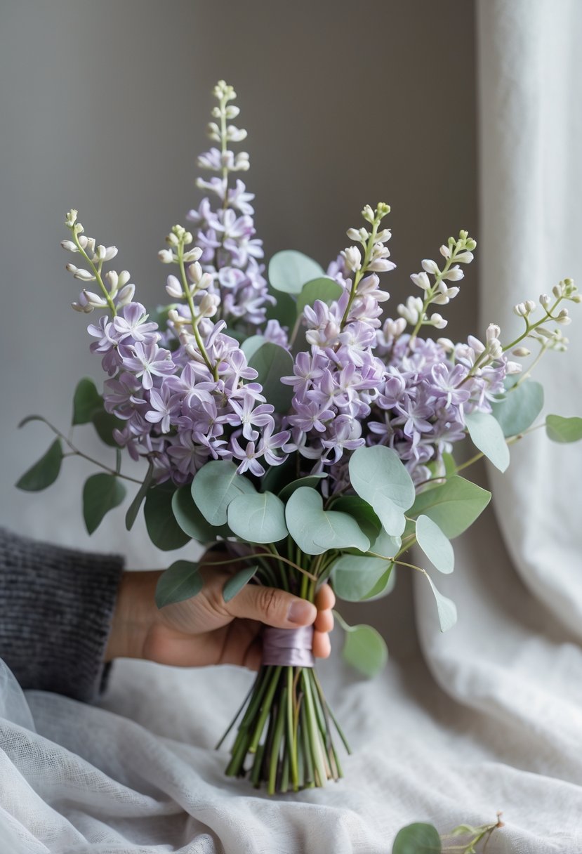 Small bouquet of lilac flowers and eucalyptus leaves arranged together on a neutral background.