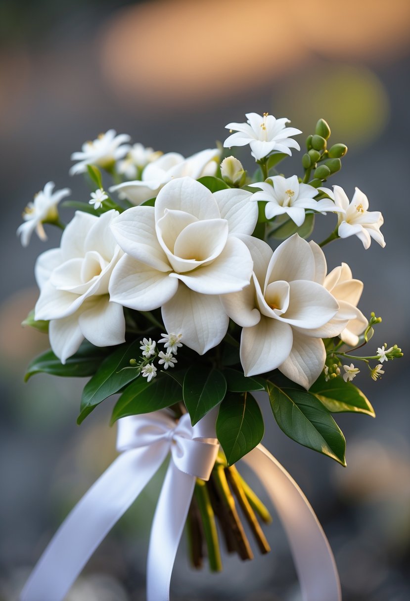A small wedding bouquet made of white gardenia and jasmine flowers with green leaves, wrapped in a white ribbon.