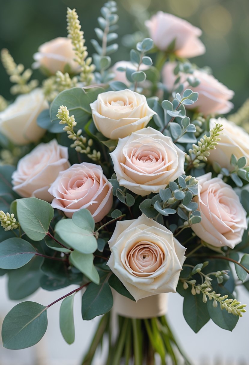A small wedding bouquet of pink and cream mini garden roses with green eucalyptus leaves and seeded eucalyptus sprigs.