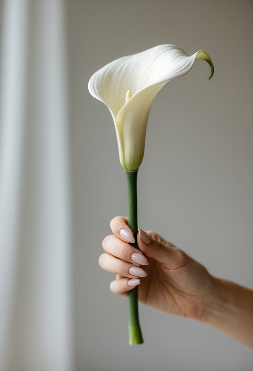 A single white calla lily bouquet held by a hand against a blurred neutral background.