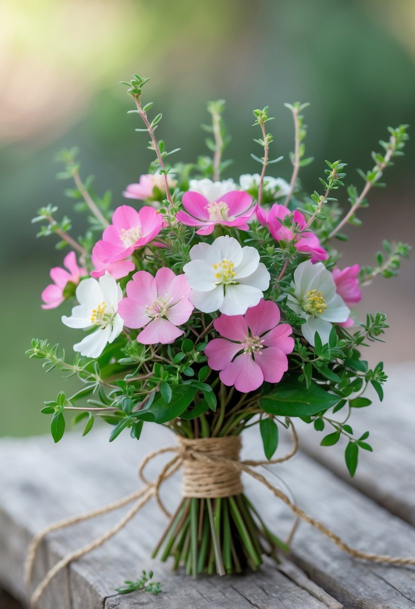 A small wedding bouquet made of pink and white sweet william flowers mixed with green garden thyme leaves on a wooden surface.
