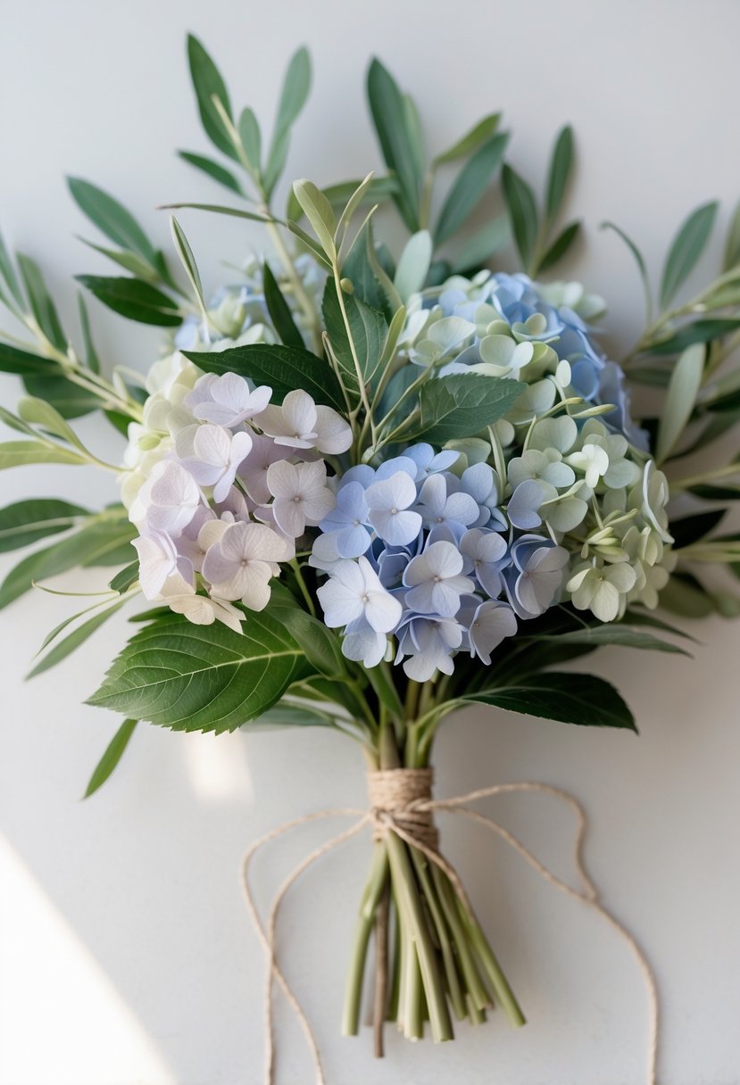 A small wedding bouquet made of pale blue mini hydrangea flowers and green olive branches on a neutral background.