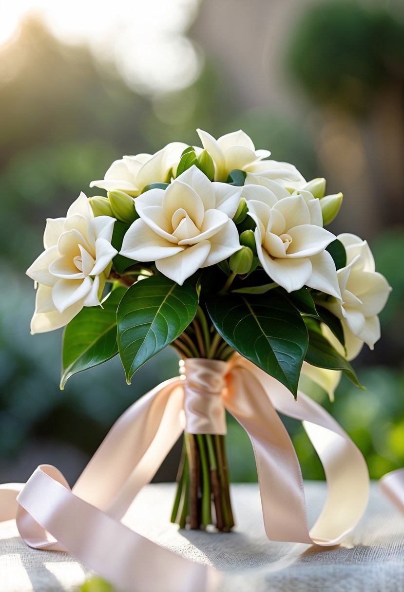 A small wedding bouquet with white gardenia buds and soft silk ribbons against a blurred garden background.