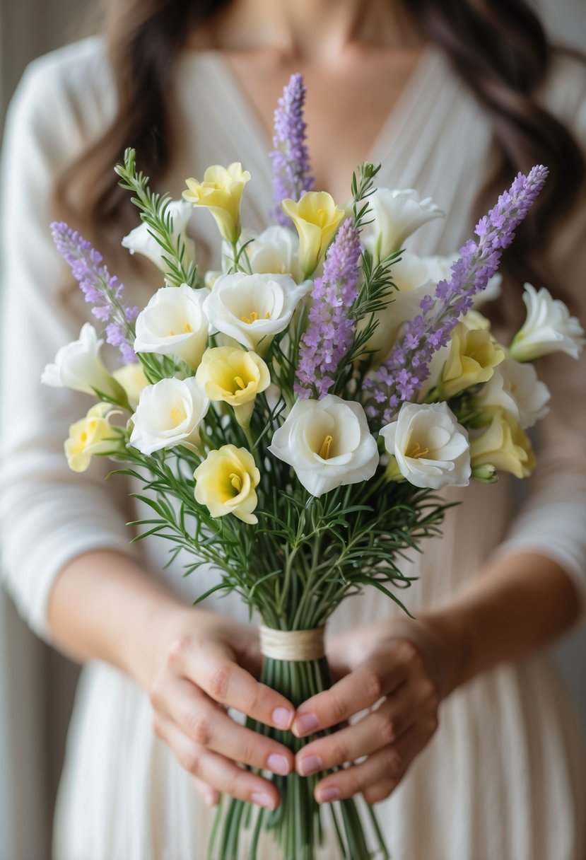 A small wedding bouquet made of petite freesia flowers and lavender stems held against a soft blurred background.
