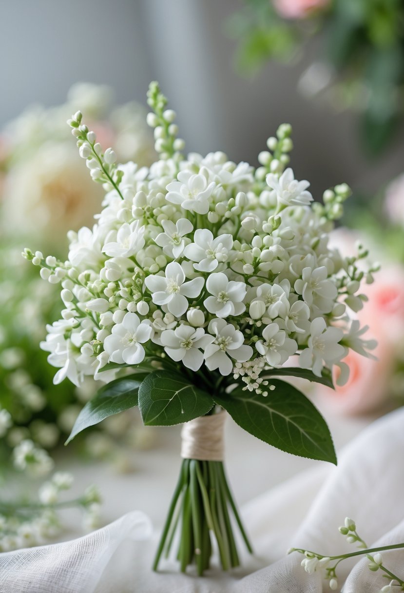 A small bouquet of white stock flowers with green leaves against a softly blurred garden background.