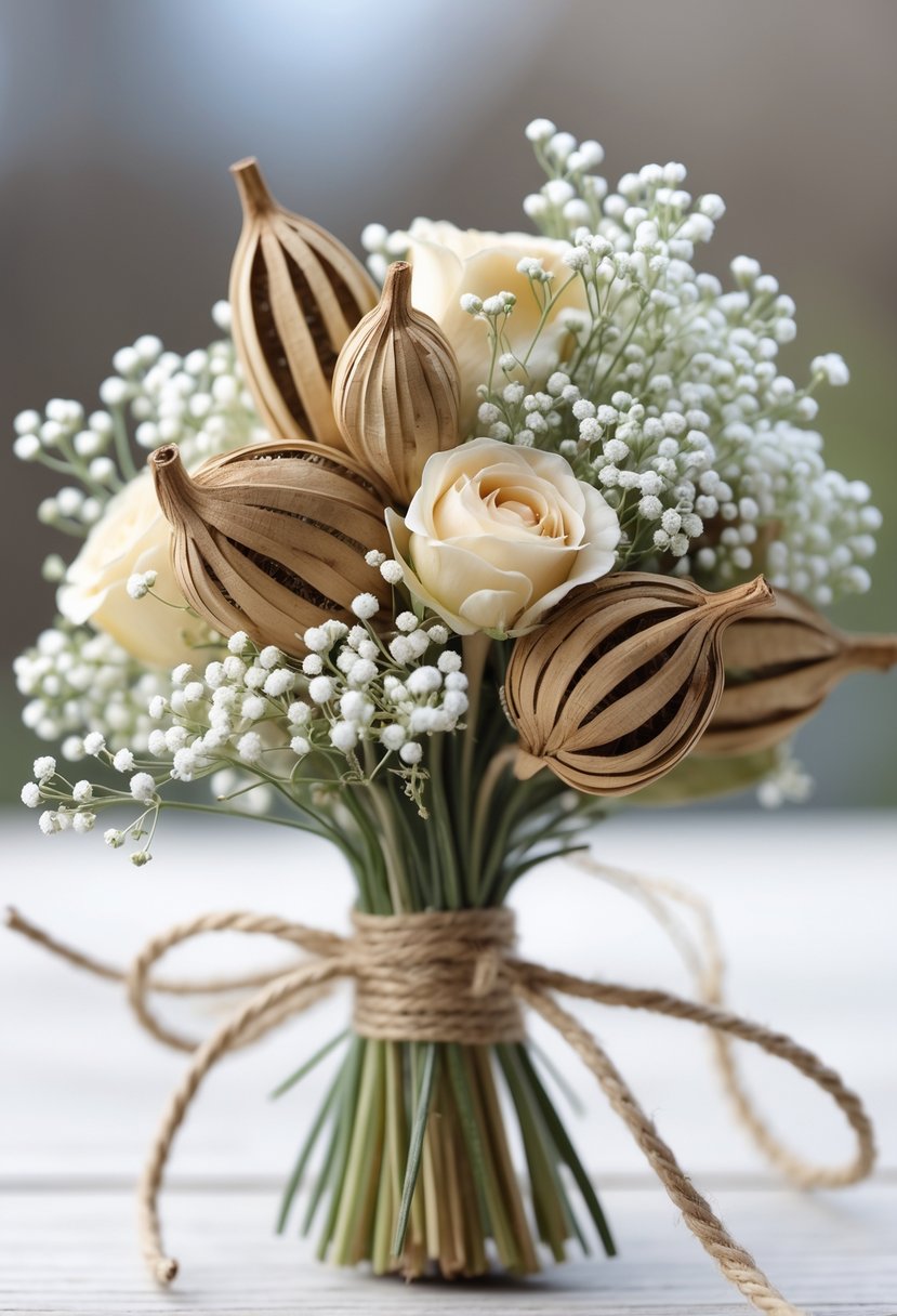 A small wedding bouquet made of dried scabiosa pods and baby's breath flowers resting on a wooden surface.