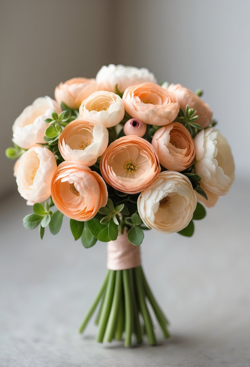 A small bouquet of soft peach ranunculus flowers with green leaves on a neutral background.