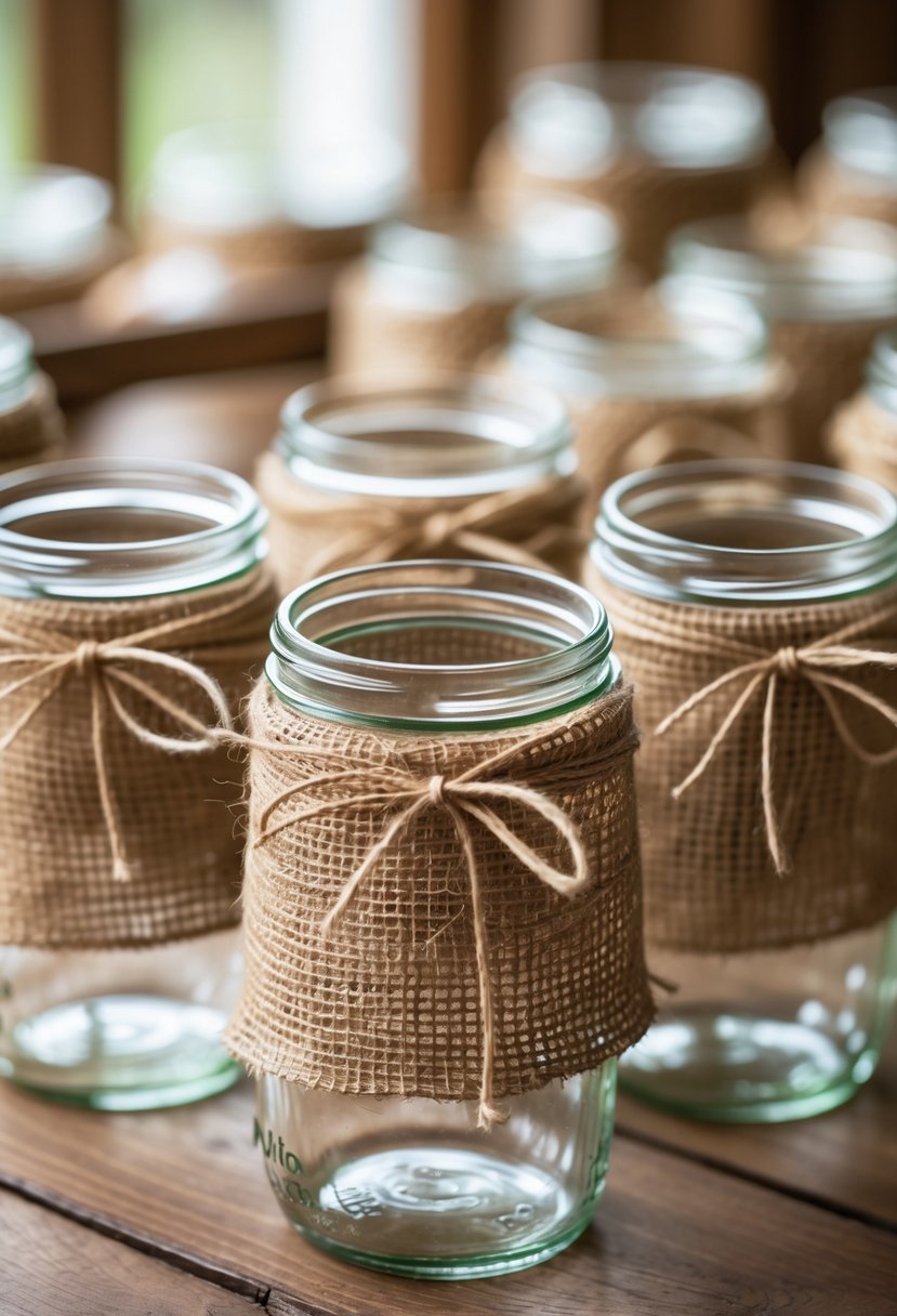 Mason jars wrapped with burlap and tied with twine arranged on a wooden table.