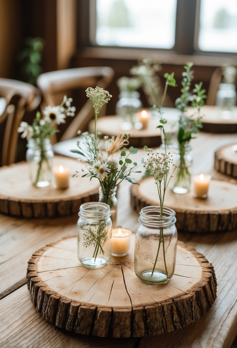 Several wooden tree slices arranged on a table with small jars of flowers and candles as wedding centerpieces.