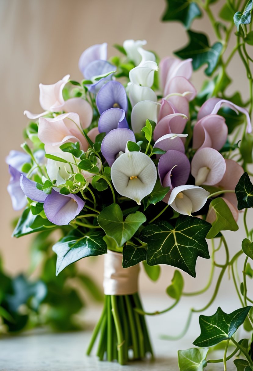 A small wedding bouquet made of miniature sweet pea flowers in soft pastel colors and green ivy leaves.