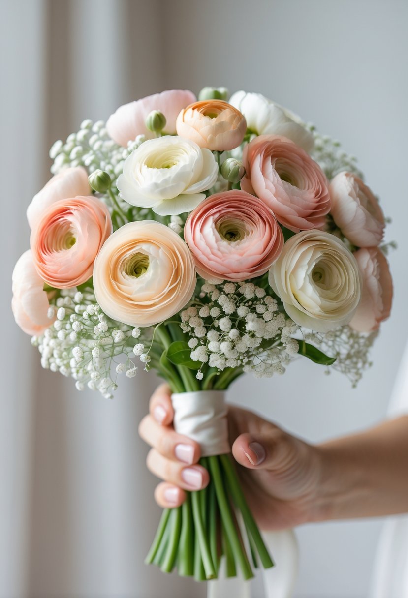 A small wedding bouquet with pastel ranunculus flowers and white baby's breath held against a blurred neutral background.