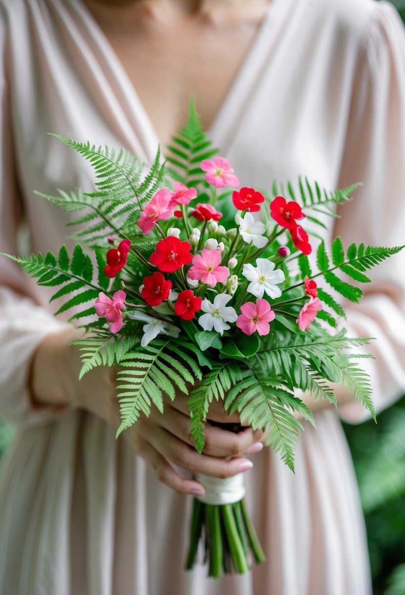 A small wedding bouquet made of pink, red, and white Sweet William flowers with green fern leaves, held by a person against a soft background.