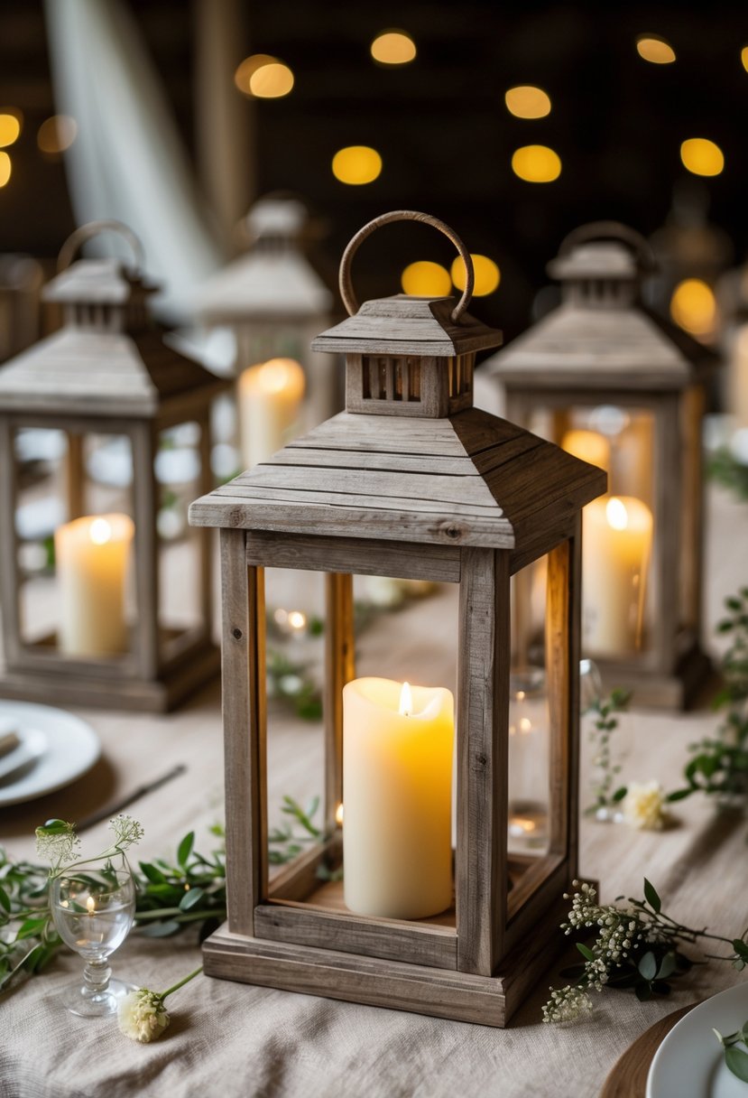 Several wooden lanterns with lit candles inside placed on a decorated wedding table.