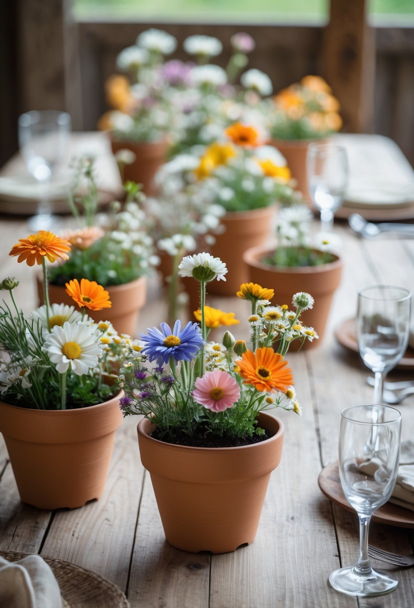 A wooden table decorated with small terracotta pots of colorful wildflowers as wedding table decorations.