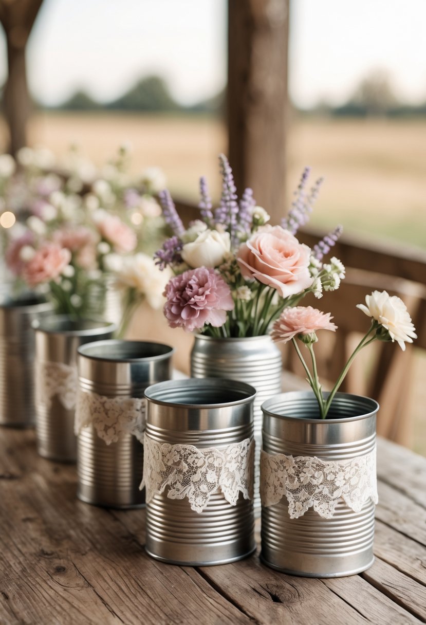 A rustic wedding table with vintage tin cans decorated with white lace, holding small bouquets of pastel wildflowers on a wooden surface.
