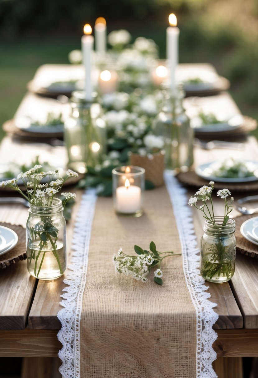 A wooden table decorated with burlap runners trimmed with white lace, wildflowers in jars, greenery, and candles.