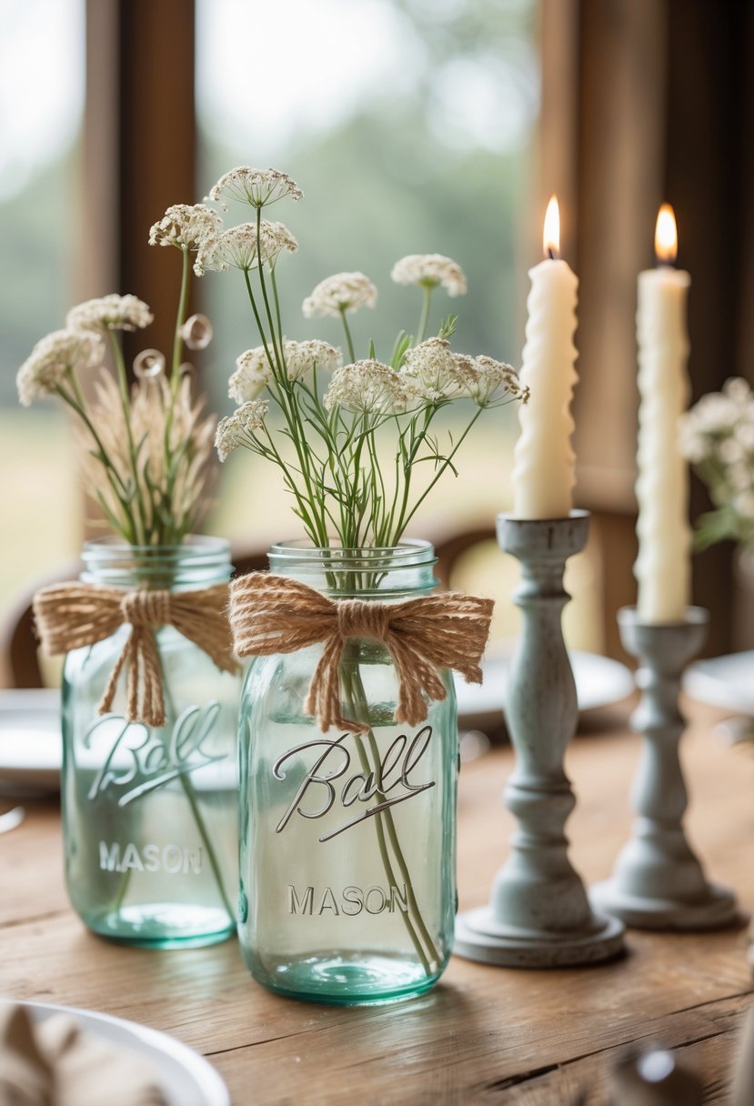 Mason jars and candlesticks decorated with twine bows on a wooden table, holding flowers and candles.