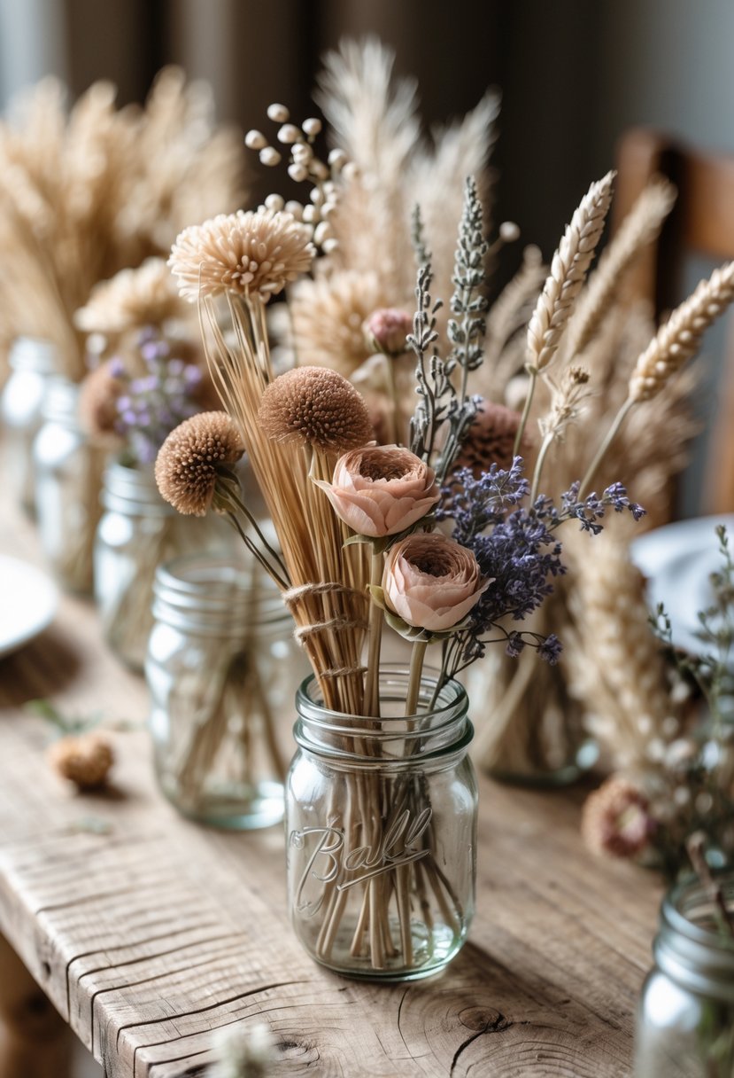 Small mason jars filled with dried flowers arranged on a wooden table as wedding decorations.