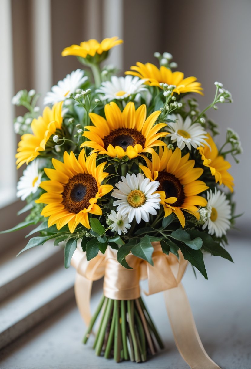 A small wedding bouquet with yellow sunflowers and white daisies tied with a ribbon.