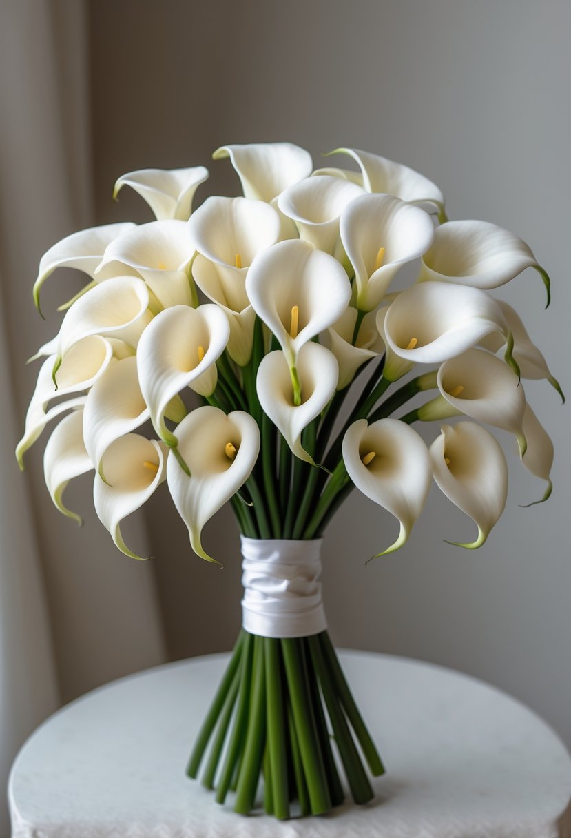 A small bouquet of white calla lilies with smooth trumpet-shaped flowers and slender stems against a blurred neutral background.