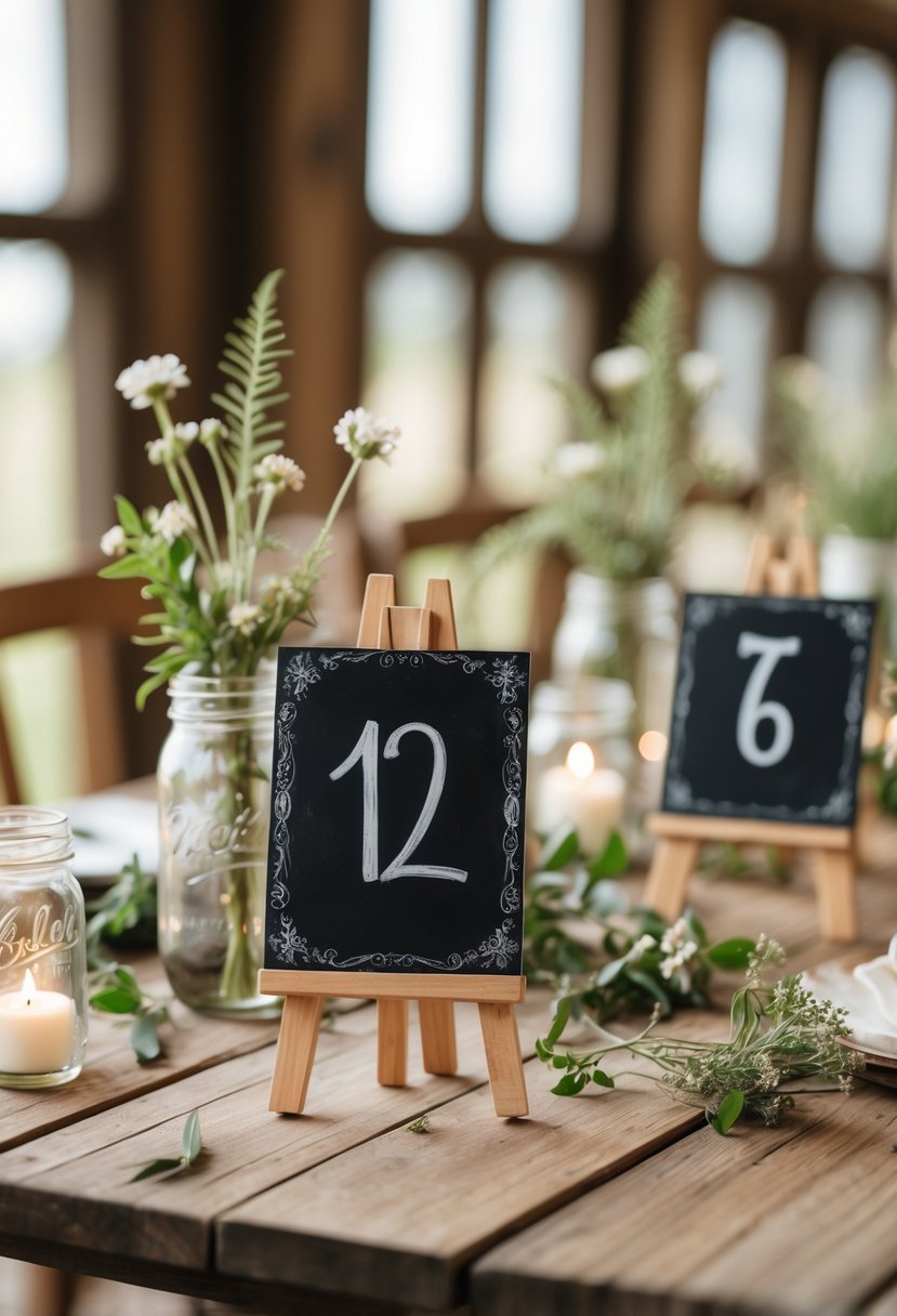 Mini wooden easels holding blank chalkboard signs on a wooden table with small flowers and greenery around them.