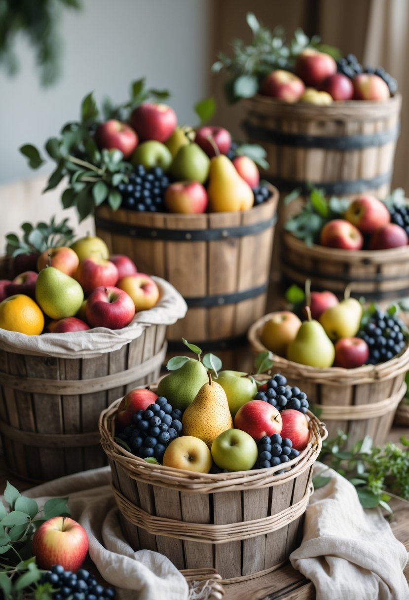 Buckets and baskets filled with a variety of seasonal fruits arranged on a wooden table as rustic wedding decorations.