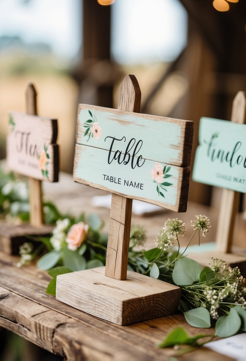 Hand-painted wooden signs arranged on a table with flowers and greenery, used as wedding table decorations.