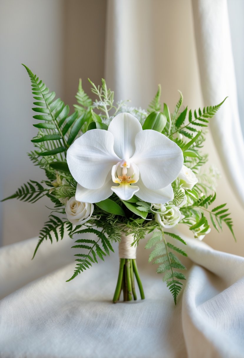 A single white orchid with green fern leaves arranged in a small wedding bouquet on a neutral background.