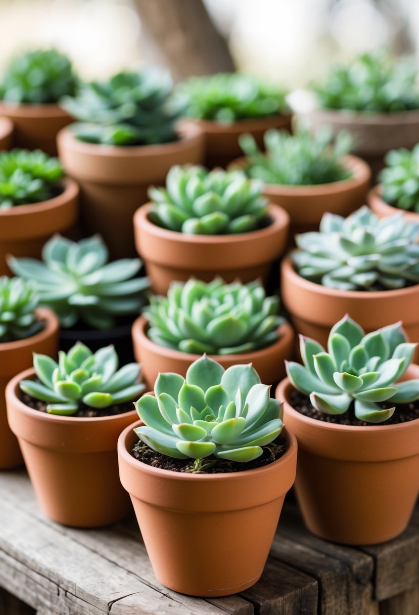 Small terracotta pots with green succulents arranged on a wooden table.