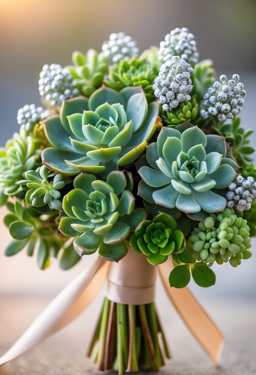 A small wedding bouquet with green succulents and silver Brunia flowers tied with a ribbon.