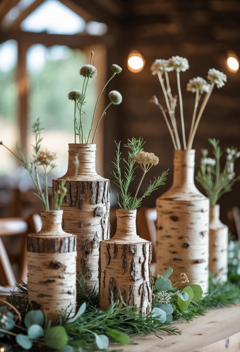 Vases wrapped in birch bark arranged on a wooden table with wildflowers and greenery as wedding decorations.
