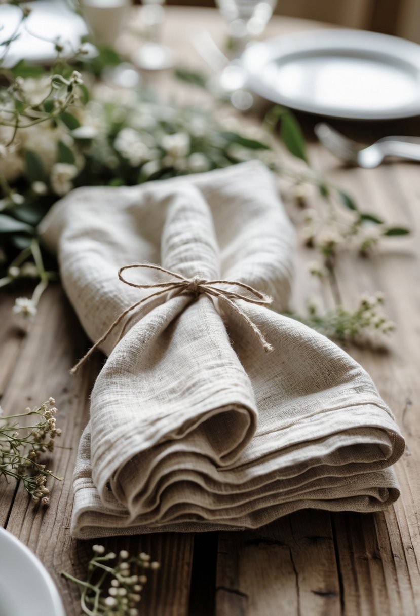 Natural linen napkins tied with twine placed on a rustic wooden table with small greenery and wildflowers.