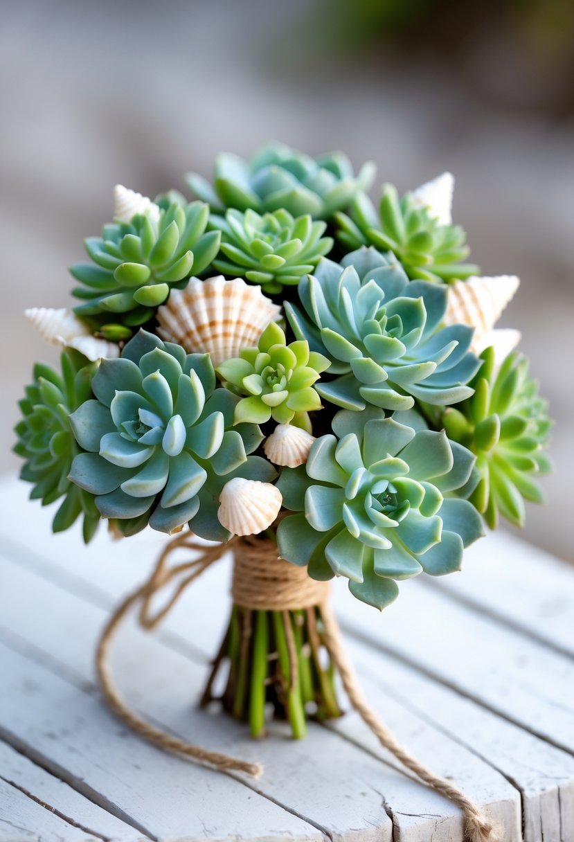 A small wedding bouquet made of green succulents decorated with tiny seashells, placed on a light wooden surface.