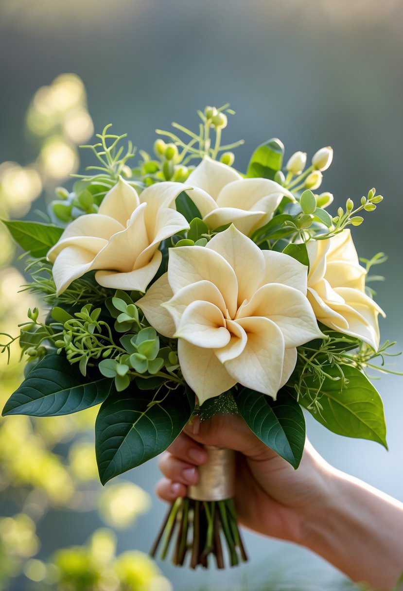 A small wedding bouquet of cream gardenia flowers with green leaves and foliage.