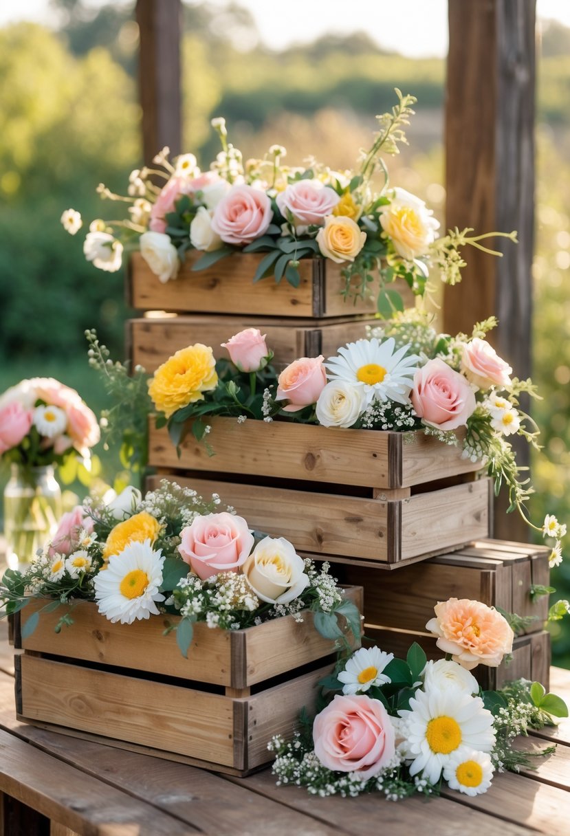 Stacked rustic wooden crates filled with colorful fresh flowers on a wooden table outdoors.